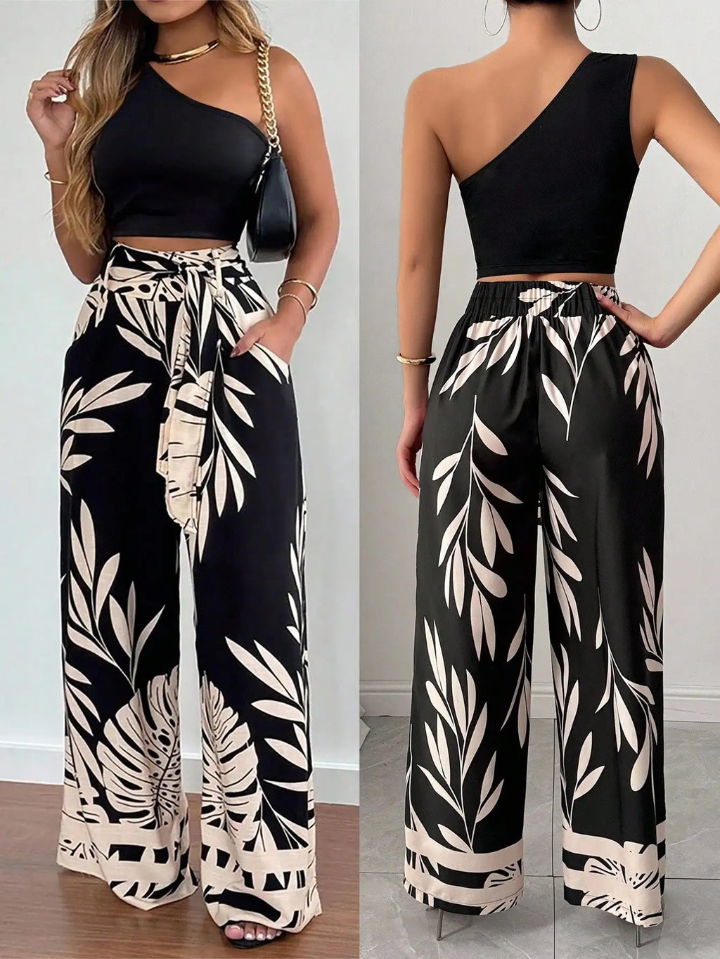 2-Piece Women's One Shoulder Crop Top & Wide Leg Leaf Print Pants Set, Casual Summer Outfit