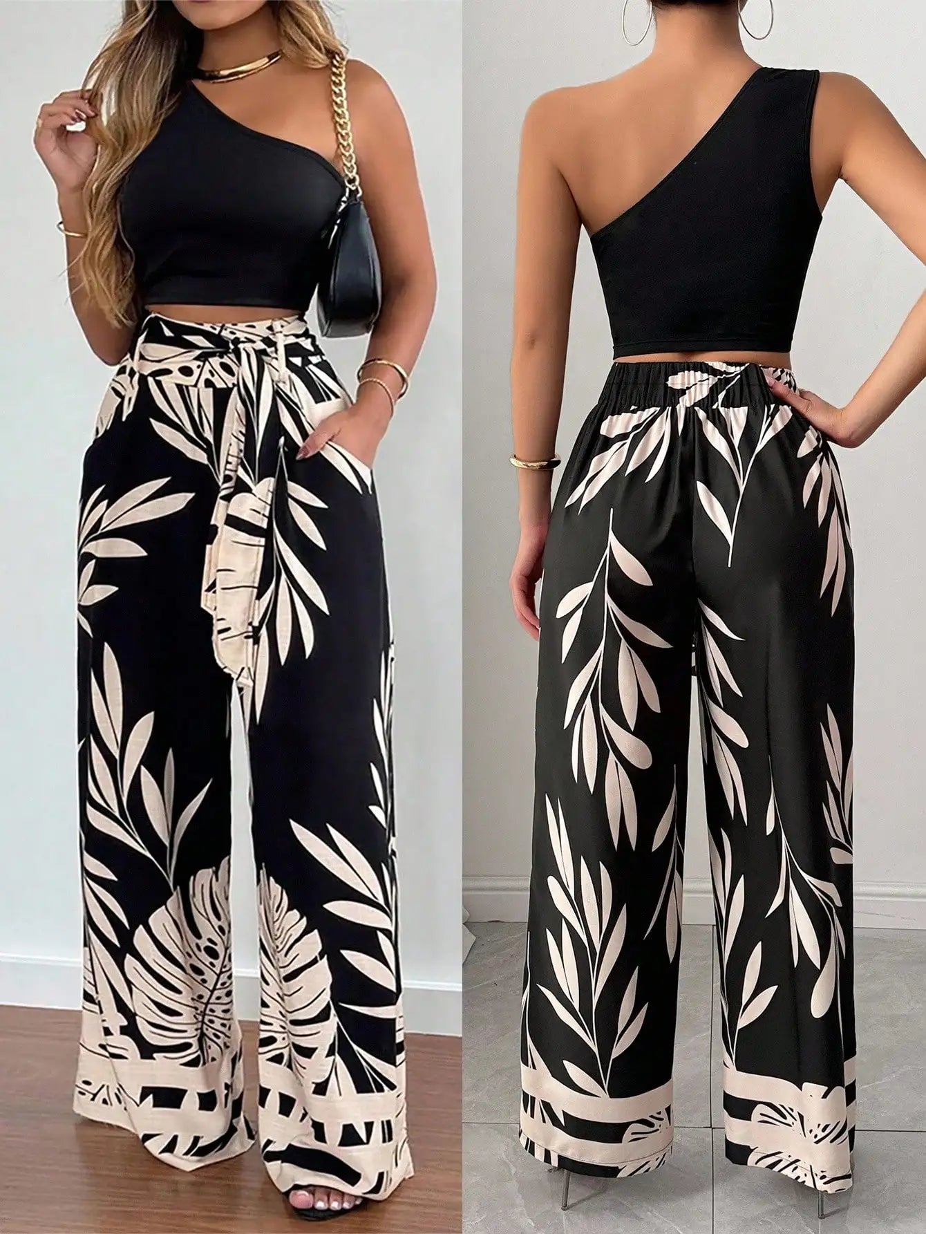 2-Piece Women's One Shoulder Crop Top & Wide Leg Leaf Print Pants Set, Casual Summer Outfit