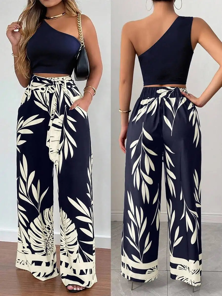 2-Piece Women's One Shoulder Crop Top & Wide Leg Leaf Print Pants Set, Casual Summer Outfit