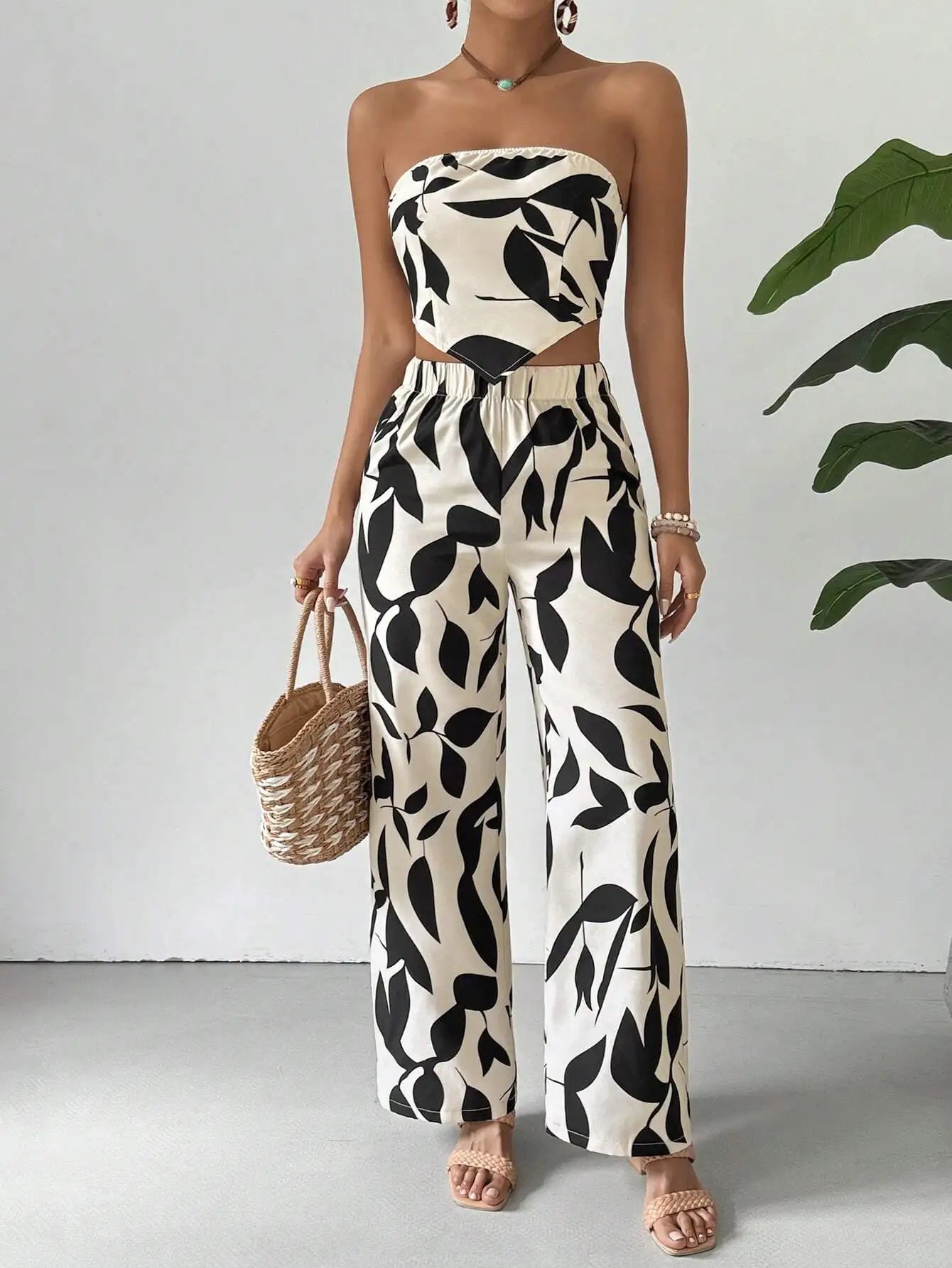 Black Leaf Print Strapless Crop Top & Wide Leg Pants Set