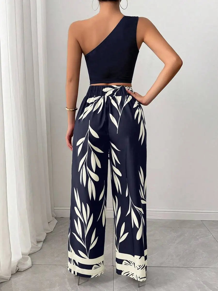2-Piece Women's One Shoulder Crop Top & Wide Leg Leaf Print Pants Set, Casual Summer Outfit