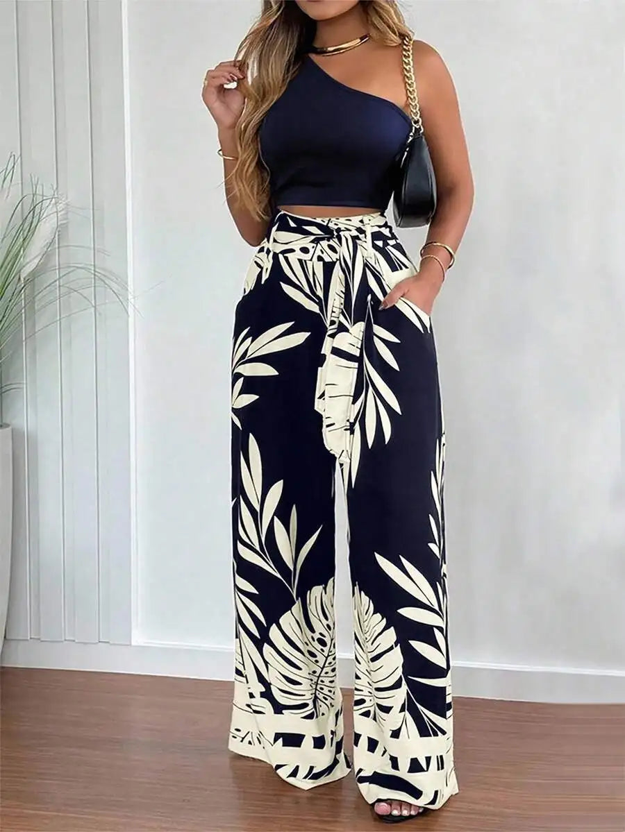 2-Piece Women's One Shoulder Crop Top & Wide Leg Leaf Print Pants Set, Casual Summer Outfit