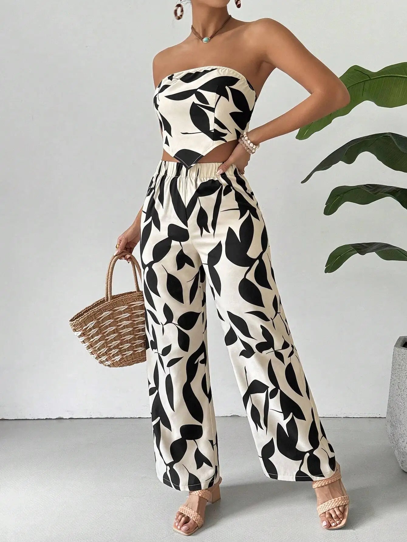 Black Leaf Print Strapless Crop Top & Wide Leg Pants Set