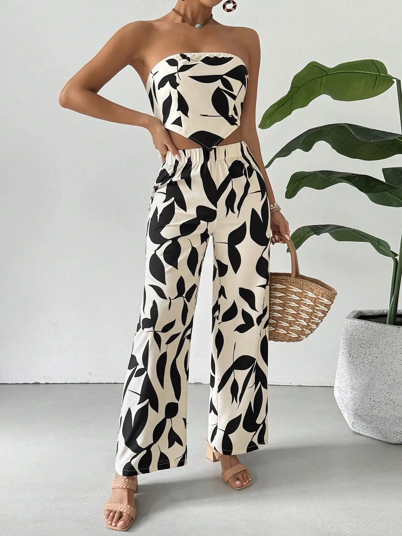 Black Leaf Print Strapless Crop Top & Wide Leg Pants Set
