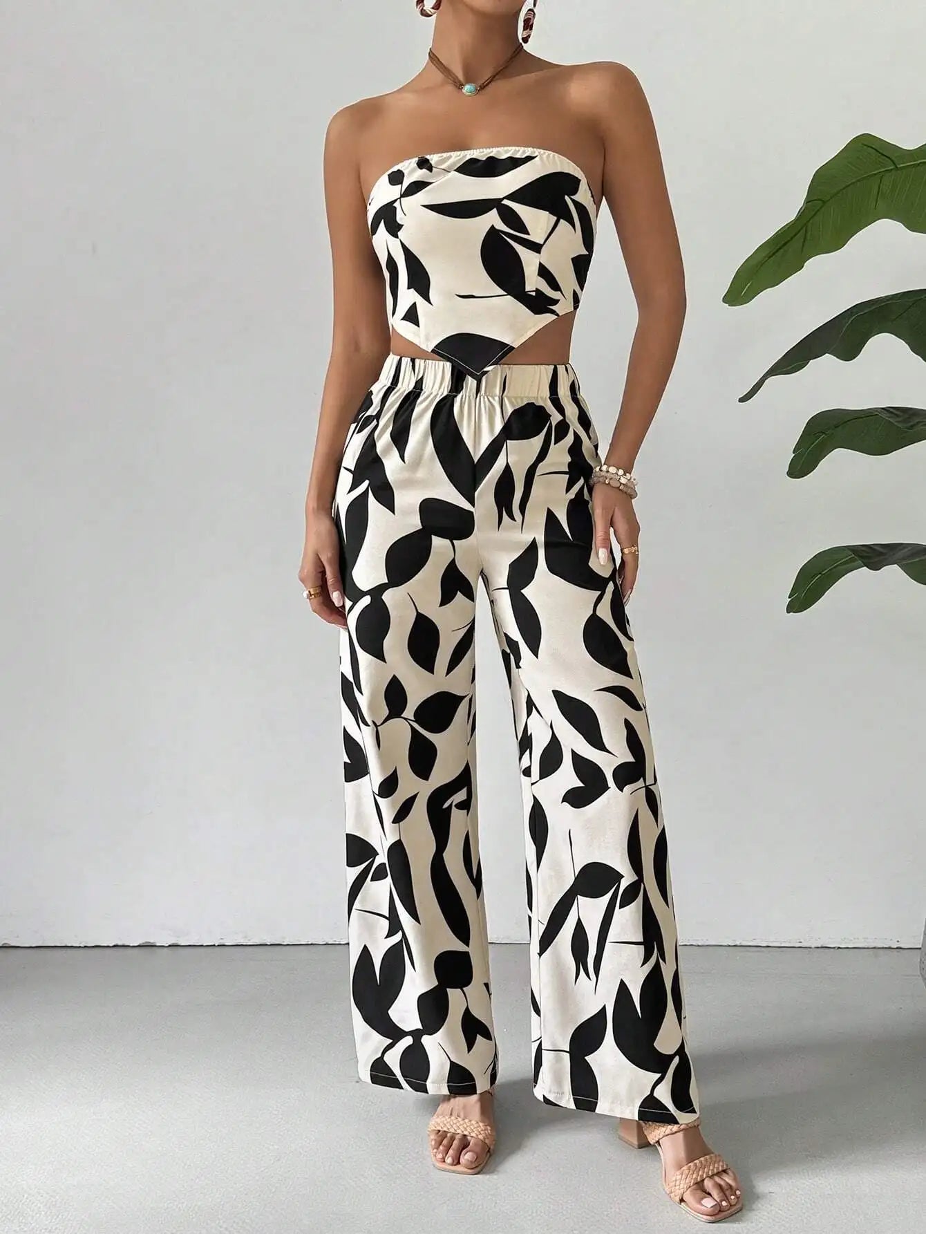 Black Leaf Print Strapless Crop Top & Wide Leg Pants Set